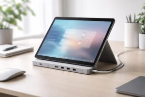 optimisez votre espace de travail avec un câblage clean grâce au dock usb-c spécialement conçu pour les tablettes tactiles microsoft en mode stand. profitez d'une connexion rapide et organisée.