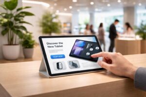 découvrez notre démo produit en libre-service avec une tablette tactile intuitive et un parcours client guidé pour une expérience interactive et simplifiée.