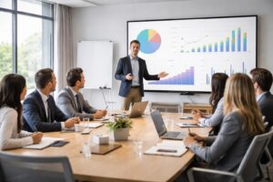 optimisez vos réunions clients en utilisant un écran de projection bien réglé pour un pitch en grand format impactant et professionnel.