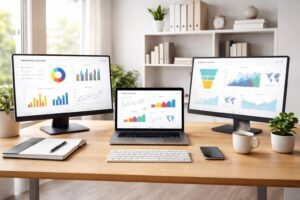 optimisez votre aménagement de poste marketing avec un pc portable et un double écran pour une productivité maximale et un confort de travail optimal.