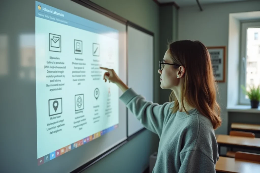 Enseignante pointant une plateforme d'apprentissage numérique projetée sur un tableau interactif dans une salle de classe moderne