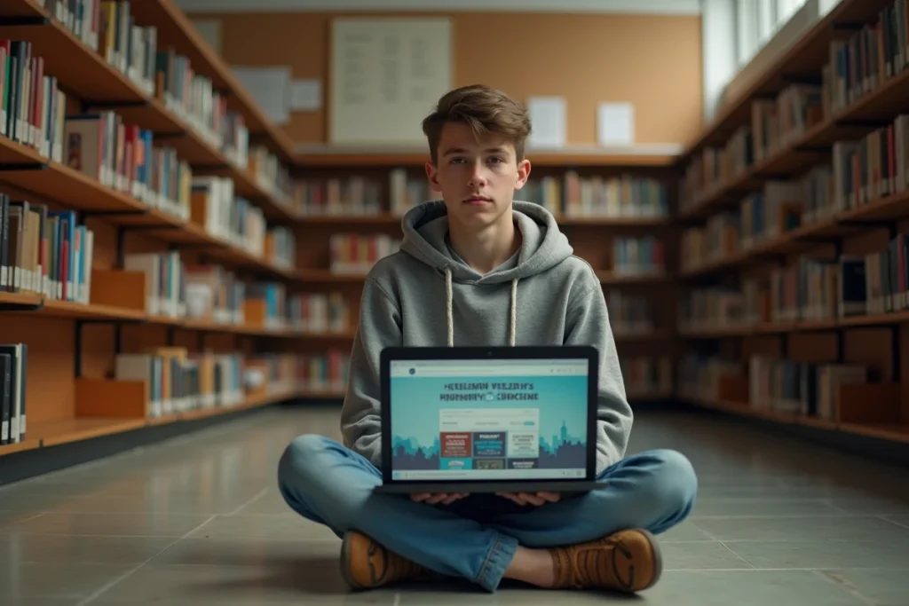 Adolescent utilisant un ordinateur portable vintage pour accéder à un portail éducatif numérique dans une bibliothèque scolaire