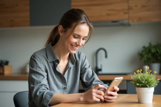 Femme consultant ses photos de famille sur smartphone, hésitant entre Google Photos et stockage local