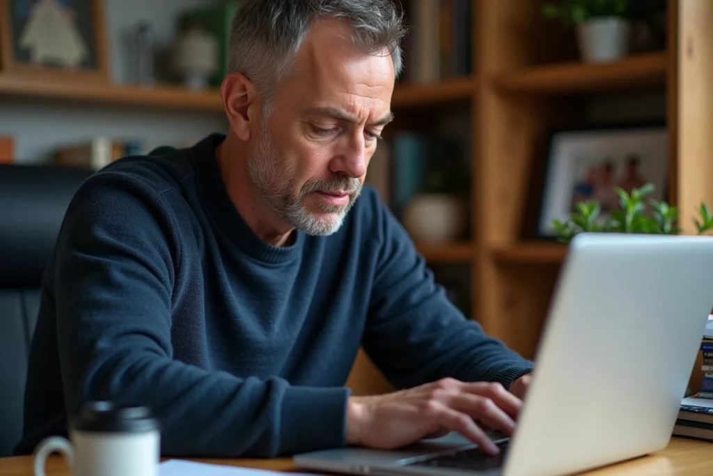 Homme transférant des photos de famille sur un disque dur externe connecté à un ordinateur portable