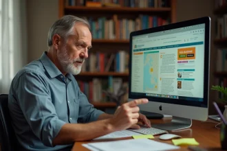 Éducateur pionnier du numérique éducatif devant un écran affichant un ancien site web pédagogique, entouré de documents imprimés dans un bureau vintage