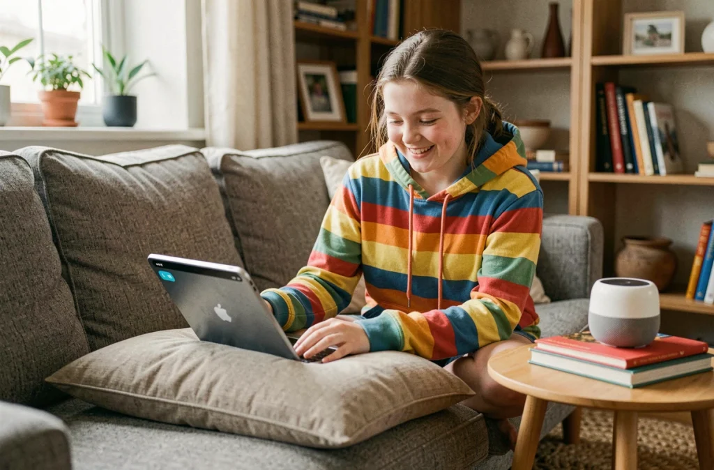 Une adolescente en situation de handicap interagit avec un assistant vocal sur tablette dans un salon, illustrant l'accessibilité numérique inclusive