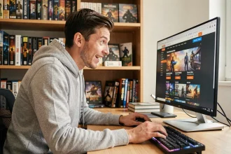 Jeune homme cherchant des alternatives à Instant Gaming pour acheter des jeux vidéo moins chers sur son ordinateur
