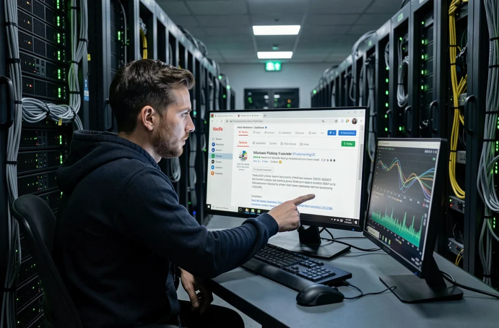Un analyste en cybersécurité dans une salle de serveurs analysant des en-têtes d'emails de phishing sur un grand écran