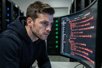Analyste en cybersécurité scrutant des alertes de vulnérabilités logicielles sur un écran dans une salle de serveurs