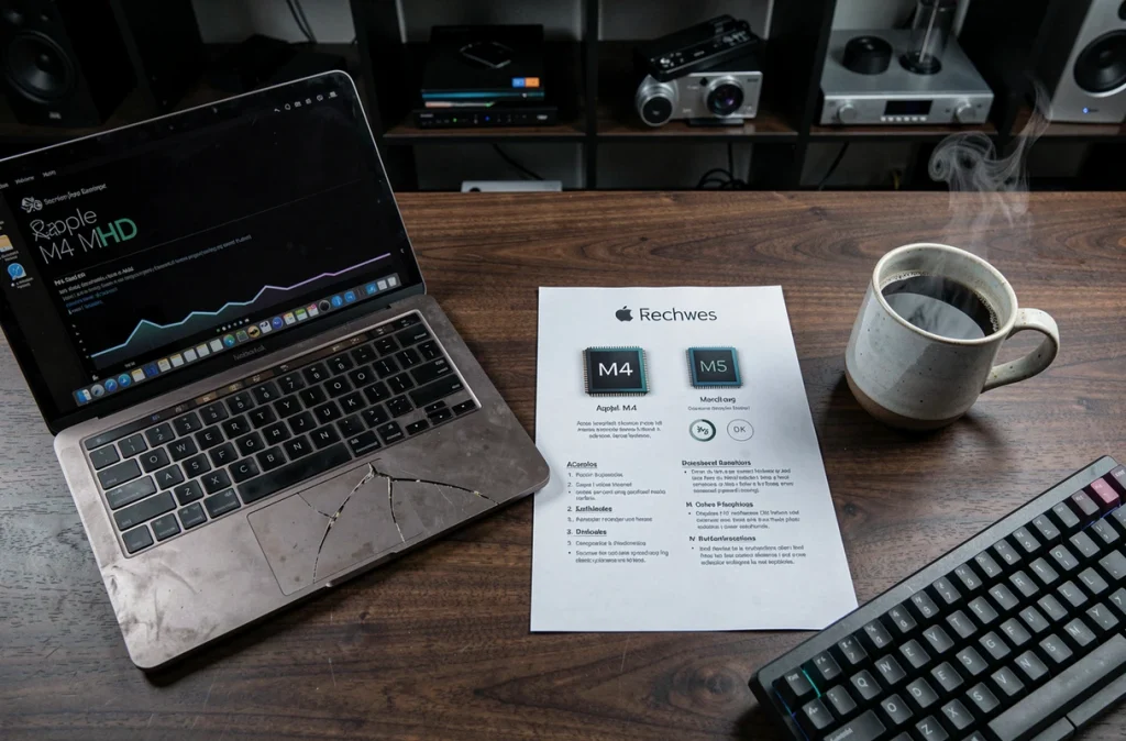 Vue en plongée d'un ancien MacBook usé posé à côté d'une fiche comparative des puces M4 et M5 sur un bureau en noyer sombre