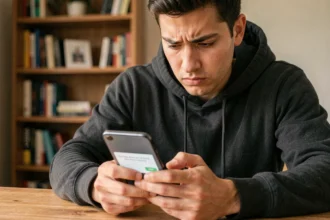 Homme tenant un smartphone Android affichant un avertissement de sécurité pour une application APK inconnue
