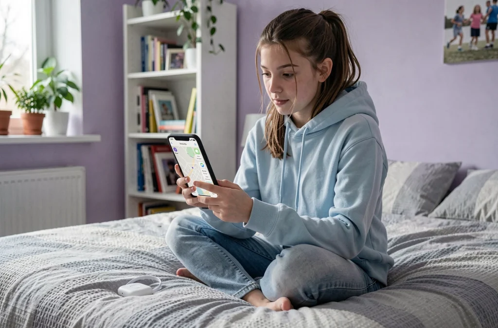 Adolescente consultant l'application Apple Localiser sur son iPhone avec un AirTag posé sur son lit