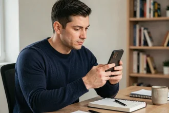 Homme tenant le Google Pixel 9 Pro XL dans un bureau moderne, examinant l'écran avec attention après trois mois d'utilisation