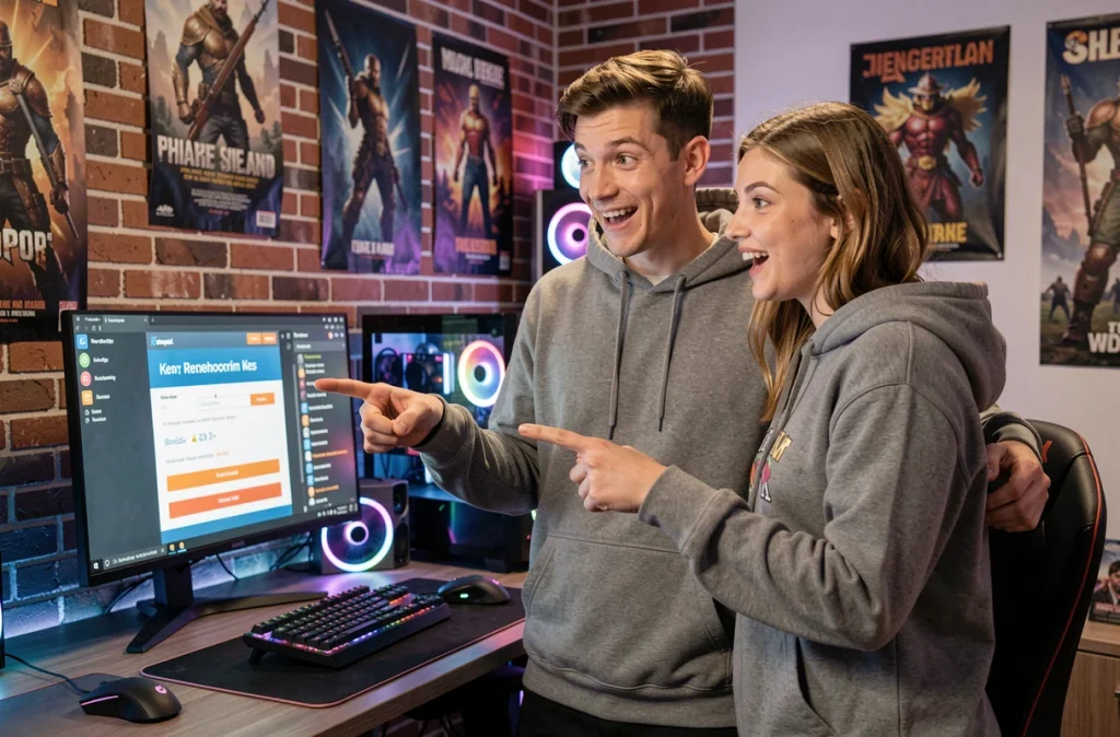 Deux amis découvrant un bon plan sur un site alternatif à Instant Gaming pour acheter des clés de jeux vidéo pas chères