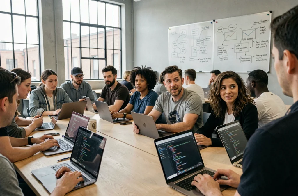Adultes en reconversion assistant à un bootcamp de programmation dans un espace de co-working moderne