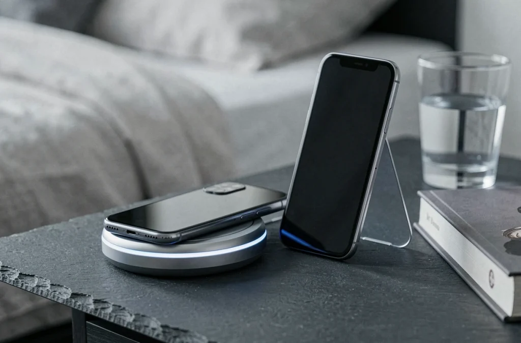 Deux smartphones posés sur une table de nuit avec un chargeur sans fil circulaire en gros plan
