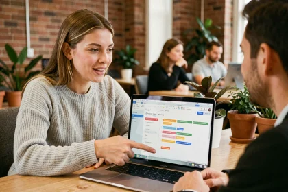 Jeune femme collaborant sur un document partagé Google Drive dans un bureau moderne