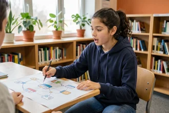 Collégienne expliquant la différence entre internet et le web grâce à un schéma illustré en bibliothèque scolaire