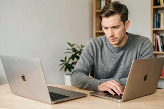Un homme compare deux MacBook sur un bureau en bois dans un bureau à domicile moderne, illustrant le dilemme d'attendre le Mac M5