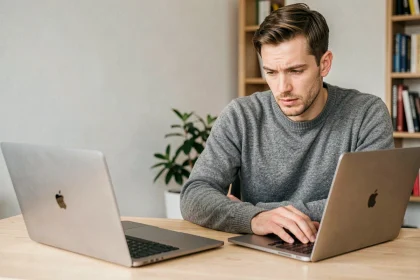 Un homme compare deux MacBook sur un bureau en bois dans un bureau à domicile moderne, illustrant le dilemme d'attendre le Mac M5
