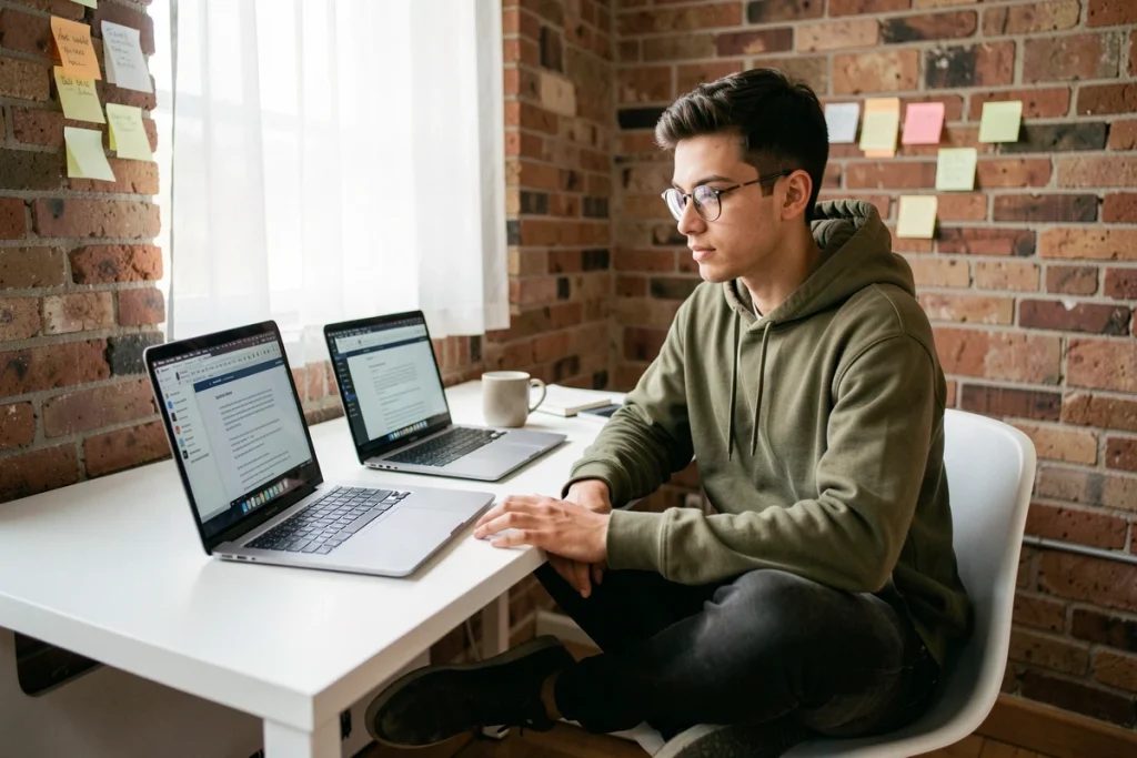 Jeune adulte comparant deux tailles d'écran de laptop pour choisir la meilleure option pour ses yeux