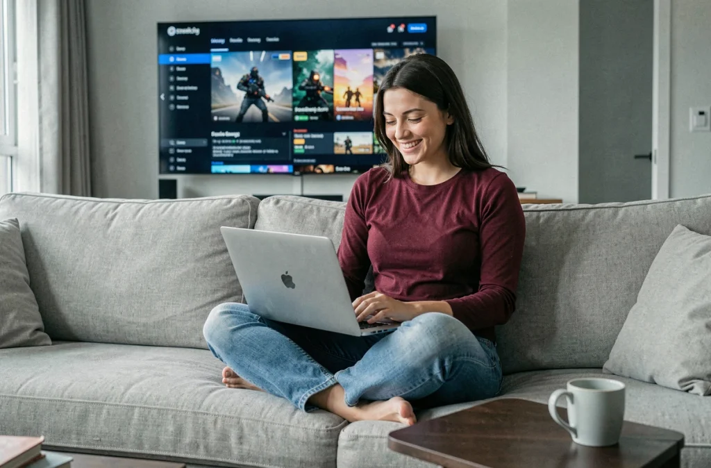 Femme comparant les prix de jeux vidéo sur plusieurs sites alternatifs à Instant Gaming depuis son canapé