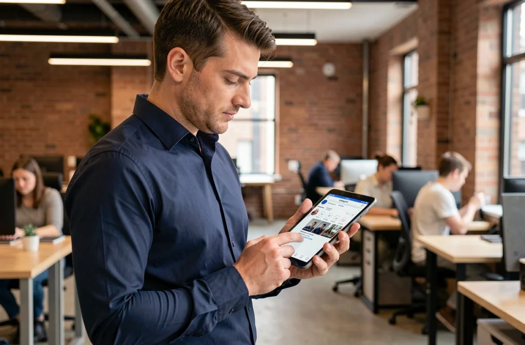 Homme consultant un compte de marque Instagram sur une tablette dans un espace de co-working moderne