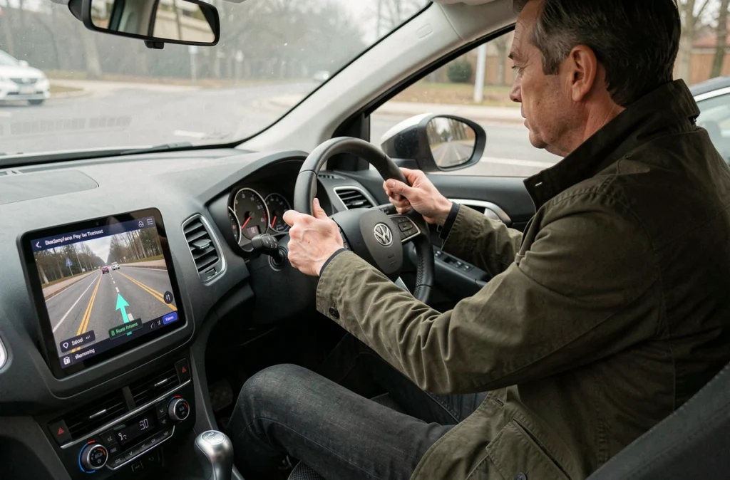 Conducteur utilisant la réalité augmentée pour la navigation GPS dans une voiture moderne