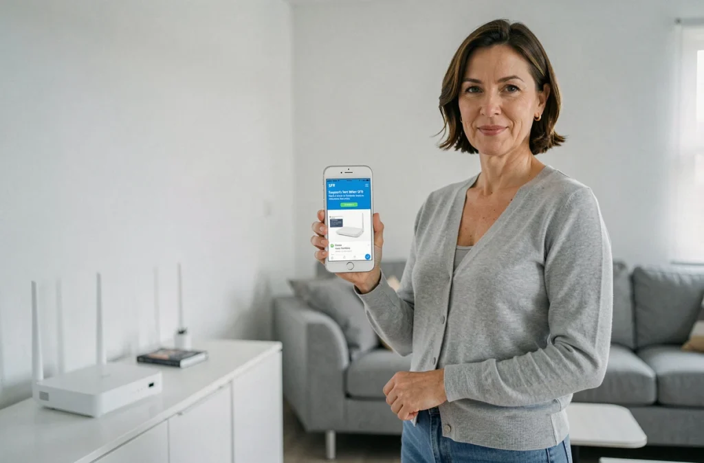Femme consultant le guide d'utilisation de la Box SFR Fibre sur son smartphone dans un salon moderne