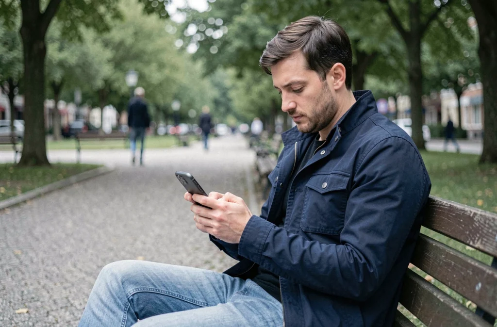 Homme consultant des stories Snapchat de façon discrète sur son téléphone dans un parc urbain