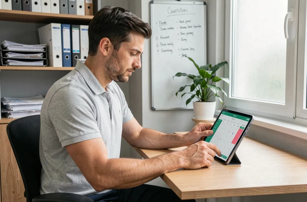 Coordinateur de soins à domicile utilisant une tablette avec l'application Domatel pour organiser les interventions de la journée dans un bureau de coordination