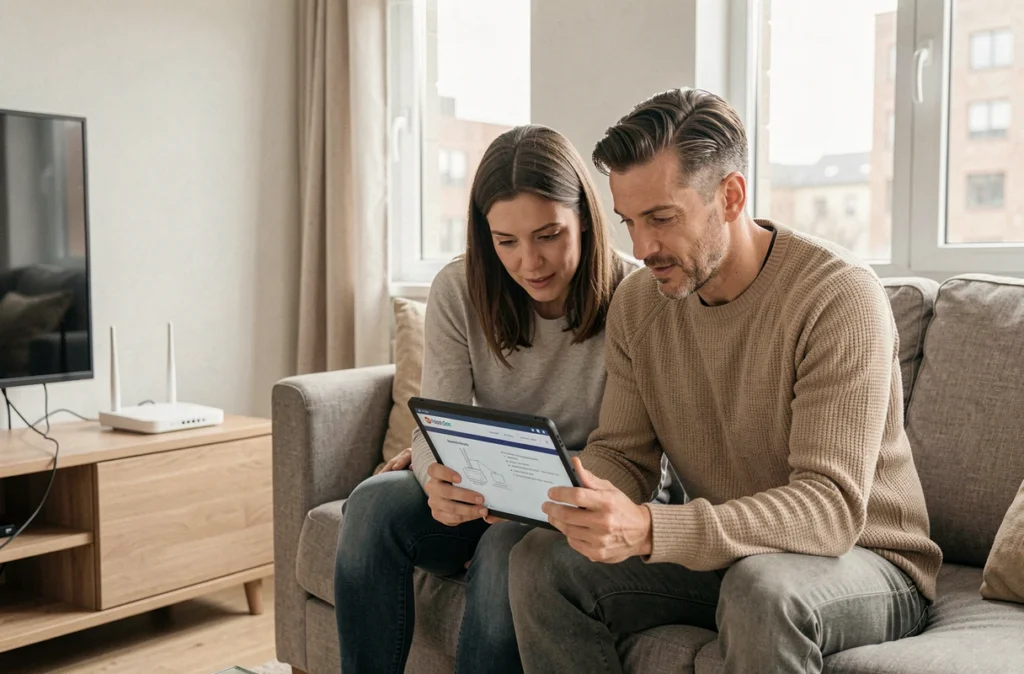 Couple lisant ensemble le mode d'emploi de la Box SFR Fibre sur une tablette dans un appartement moderne