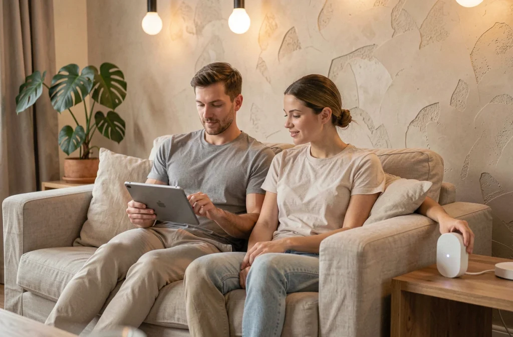 Couple dans un salon connecté utilisant un hub domotique et des appareils IoT intégrés dans la décoration