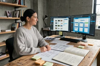 Designer travaillant sur des maquettes UI et un système de design flex dans un studio moderne