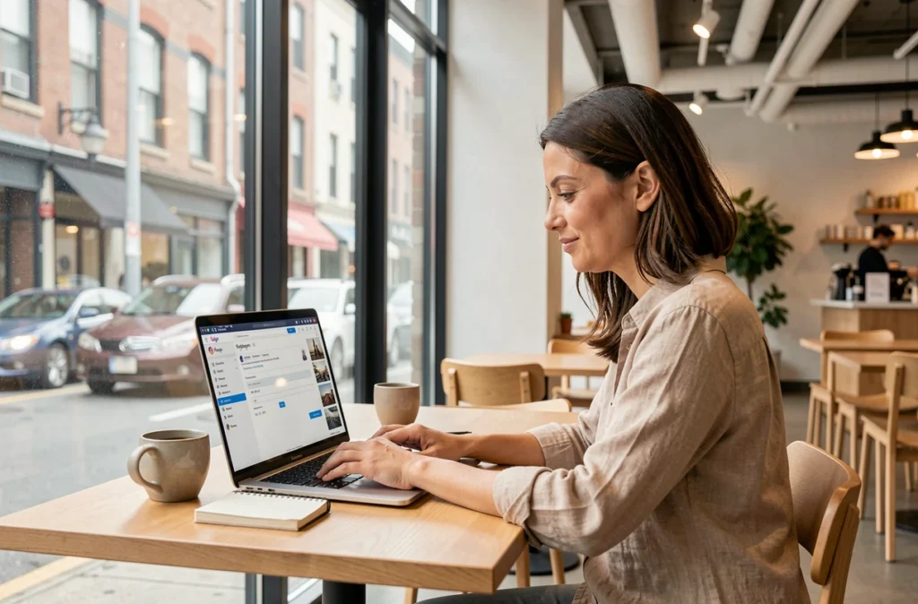 Femme configurant un deuxième compte Instagram professionnel sur un ordinateur portable dans un café urbain
