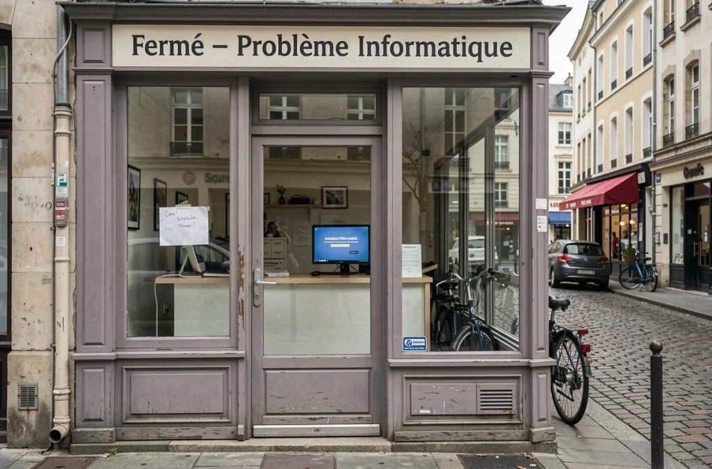 Devanture d'une petite boutique fermée en raison d'une attaque par ransomware affichant un avis informatique