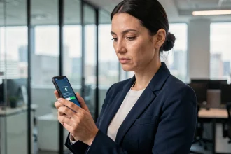 Femme utilisant la double authentification sur smartphone dans un bureau moderne