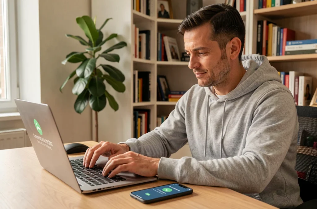 Homme saisissant un code de vérification pour la double authentification depuis son bureau à domicile
