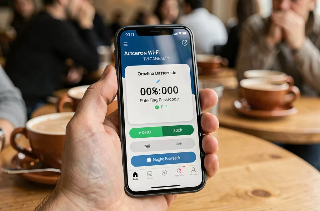 Écran de smartphone affichant un code de double authentification dans un café public