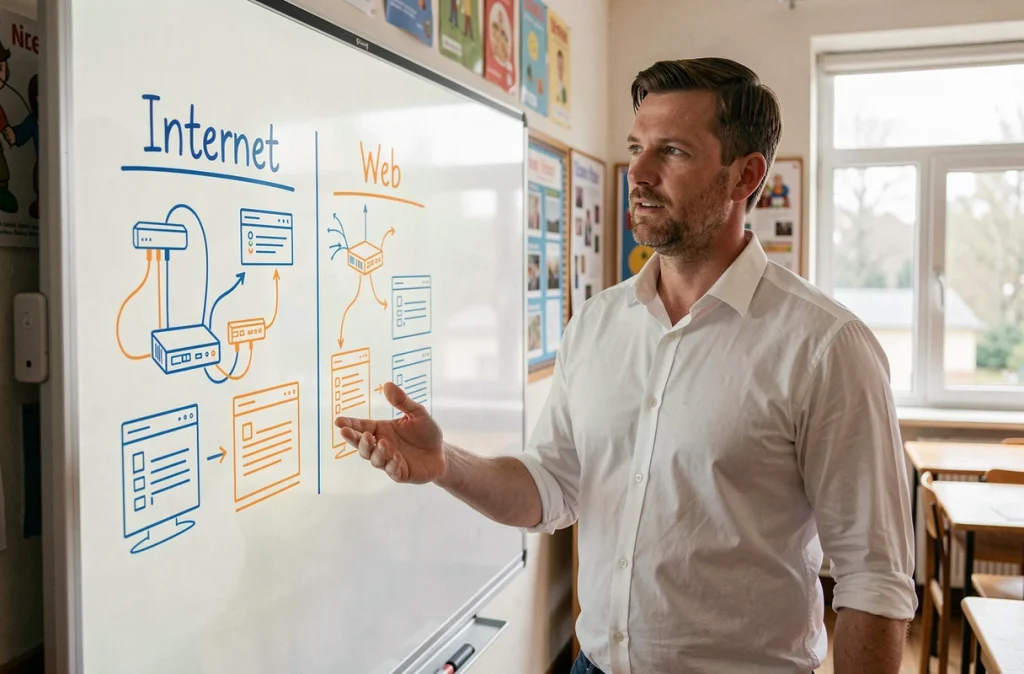 Enseignant expliquant au tableau interactif la différence entre internet et le web dans une salle de classe