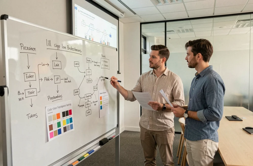 Équipe de designers et développeurs discutant de l'intégration d'un design system flex sur un tableau blanc