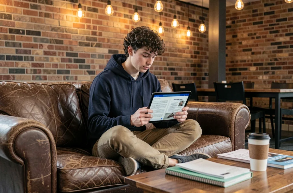Étudiant universitaire utilisant une tablette Android pour réviser ses cours dans une salle commune décontractée