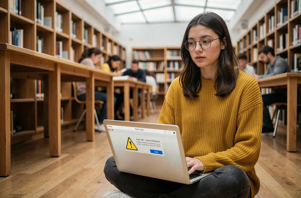 Étudiante connectée à un réseau wifi non sécurisé dans une bibliothèque publique, avertissement de sécurité visible à l'écran