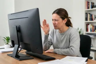 Femme ajustant la distance face à un grand écran PC dans un bureau à domicile pour protéger ses yeux