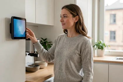 Femme utilisant un écran connecté intelligent dans une cuisine moderne avec objets connectés du quotidien