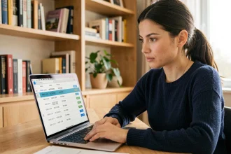 Femme consultant l'historique des versions d'un document sur un ordinateur portable dans un bureau à domicile