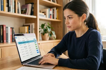 Femme consultant l'historique des versions d'un document sur un ordinateur portable dans un bureau à domicile