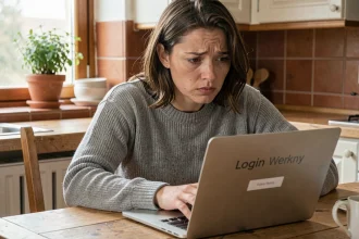 Femme inquiète regardant un avertissement de connexion sur son ordinateur portable, illustrant le vol d'identité numérique