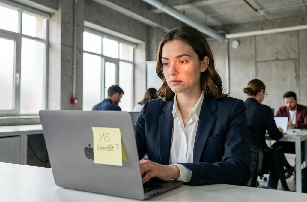 Une femme réfléchit devant son ancien MacBook dans un espace de coworking, avec un post-it questionnant l'arrivée du Mac M5