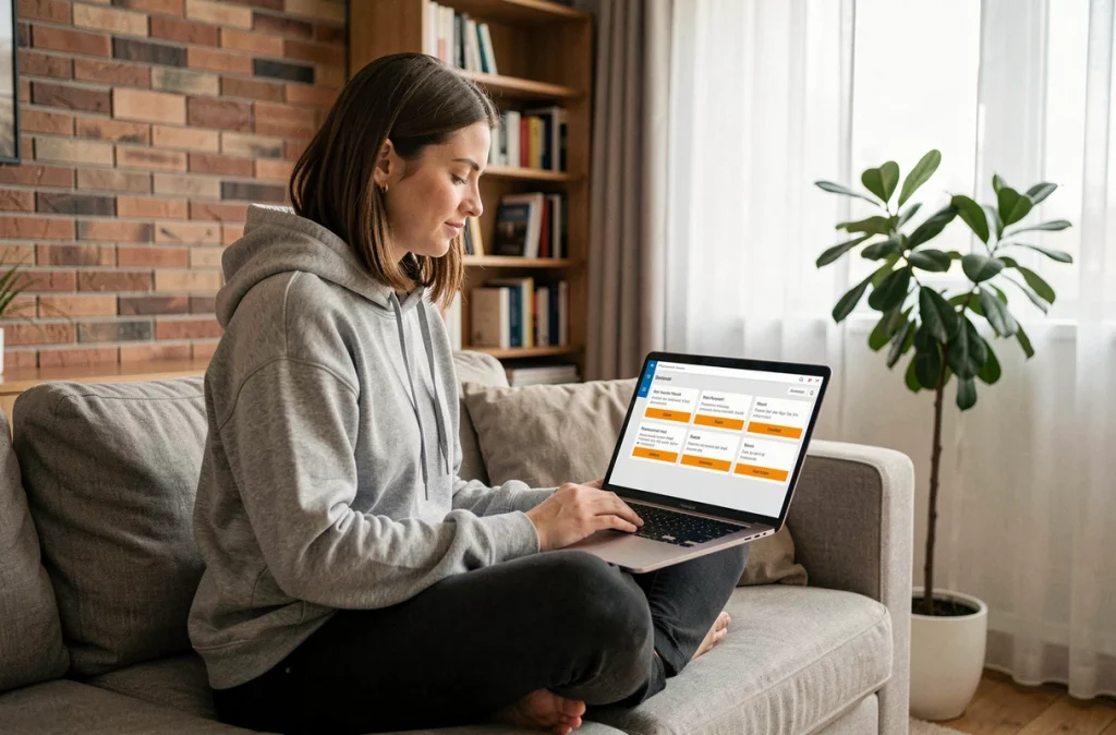 Femme assise sur un canapé avec un laptop affichant des avertissements de mots de passe faibles sur une interface de gestionnaire de sécurité